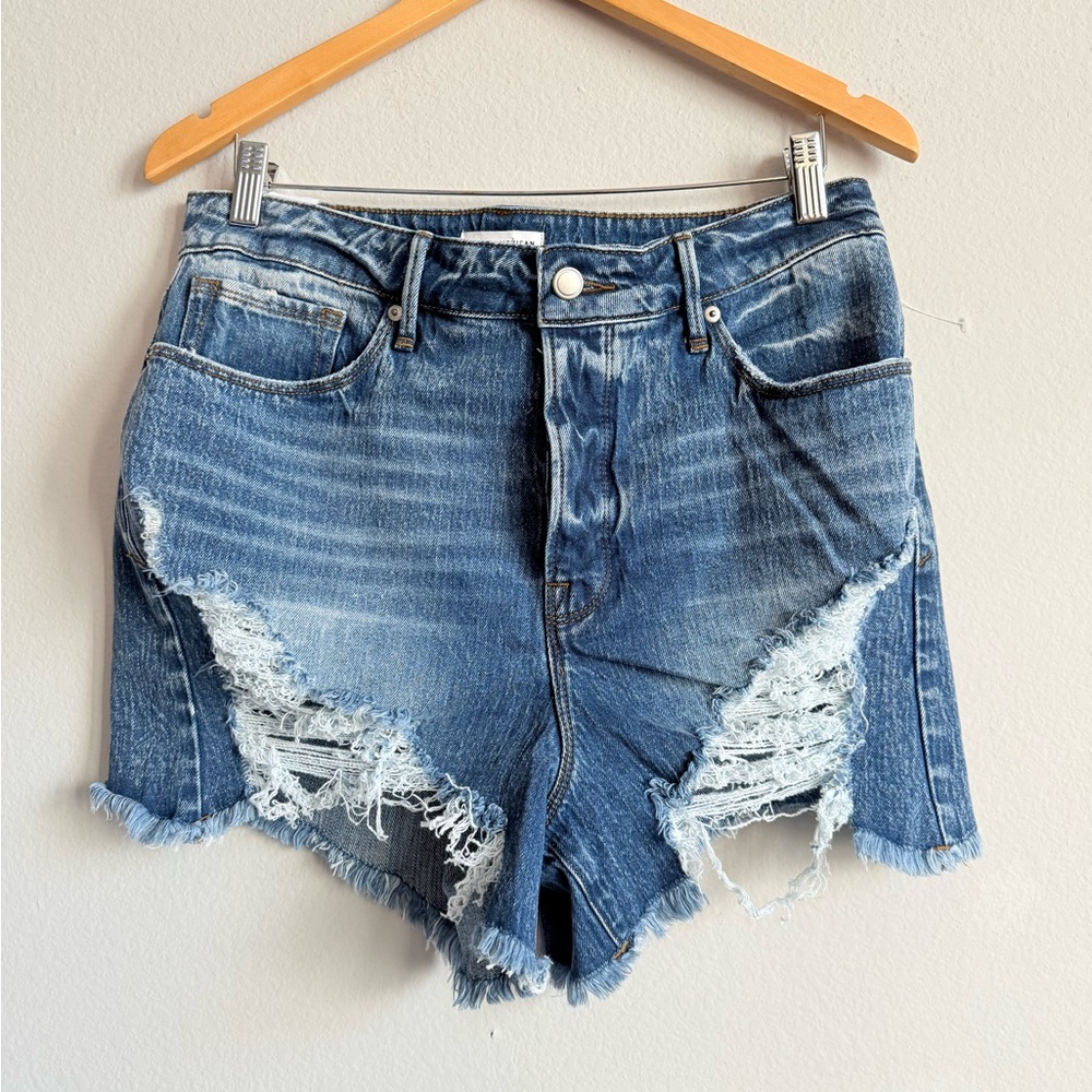 Good American Distressed Button Fly Blue Jean Shorts